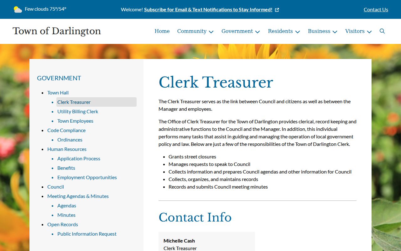 Darlington Clerk-Treasurer municipal record contact